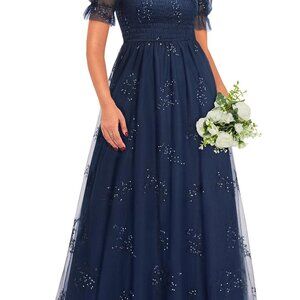 Plus Size Formal Sequin Tulle Maxi Dress with Floral Embroidery